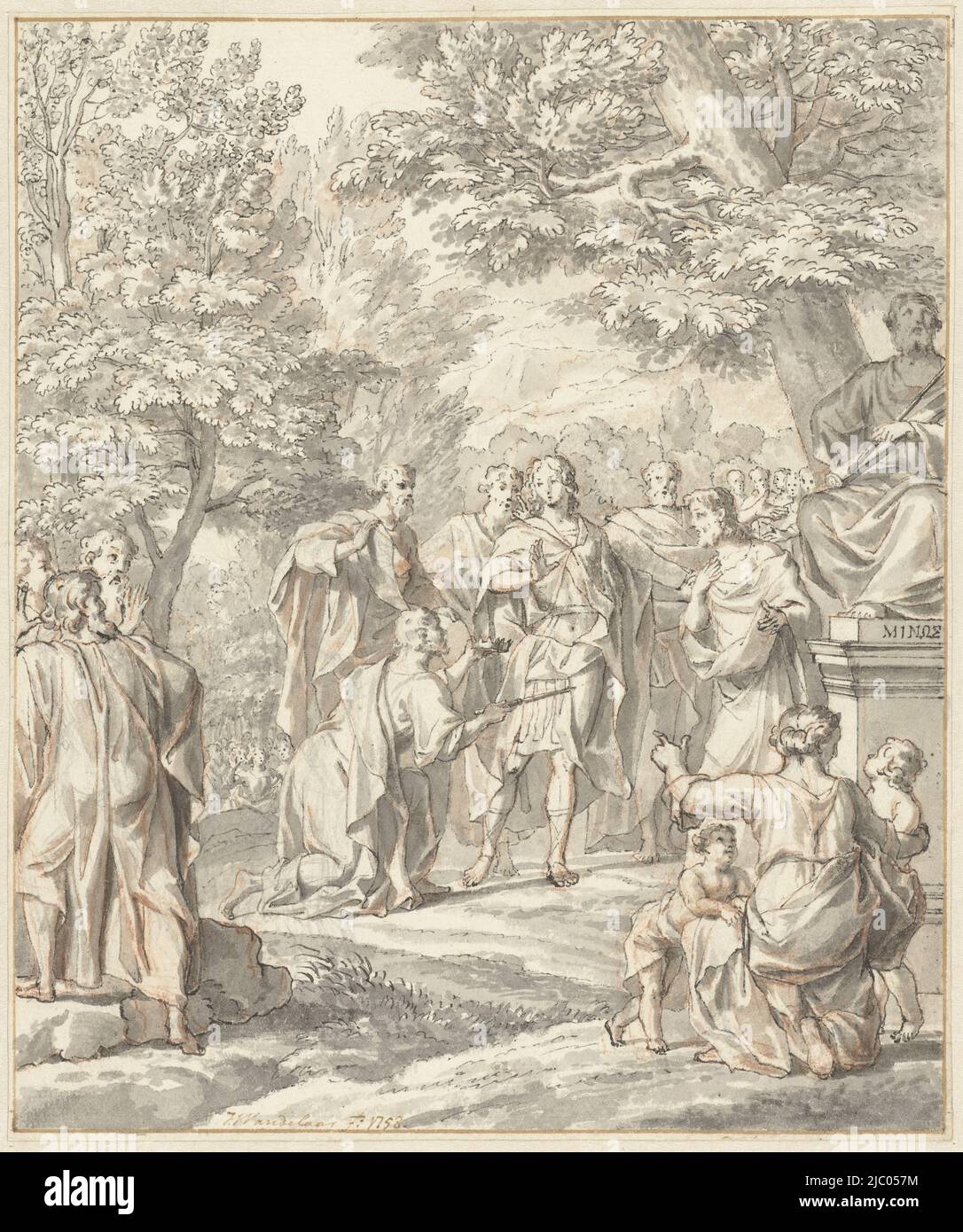 Telemachus lehnt die Krone und das Zepter der Kreter ab, Jan Wandelaar, 1758, Entwurf für einen Druck zu `Telemachus' von François de Fénélon., Zeichner: Jan Wandelaar, (erwähnt auf Objekt), 1758, Papier, Stift, Bürste, H 208 mm × B 174 mm Stockfoto